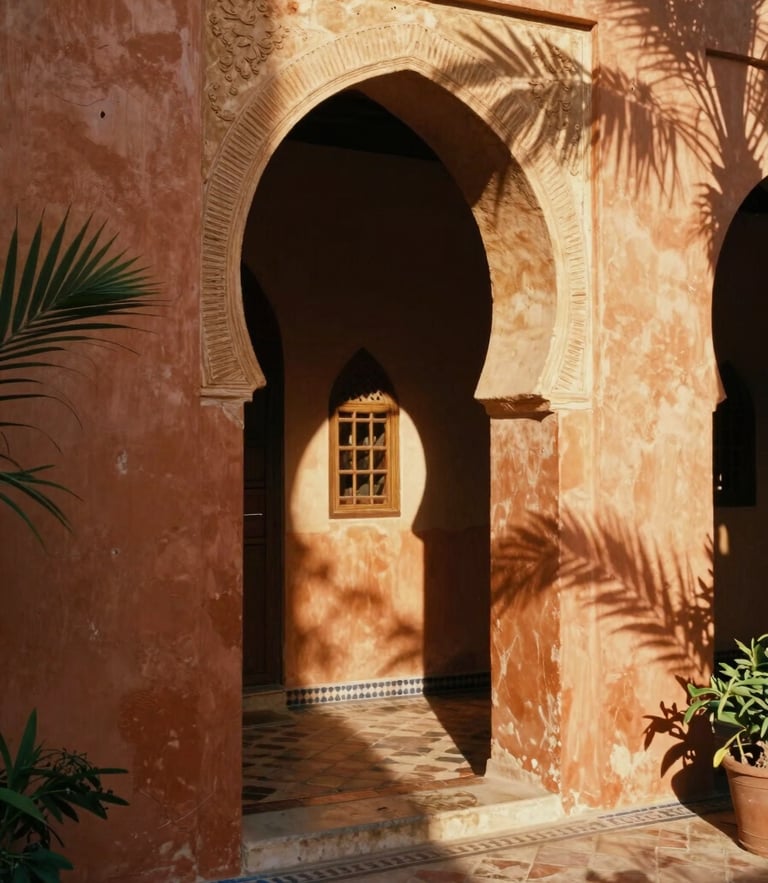Sun-dappled courtyard of a Moroccan riad, warm golden-hour light filtering through a stone archway, terracotta tiles, shadows of palm leaves, 35mm film texture.