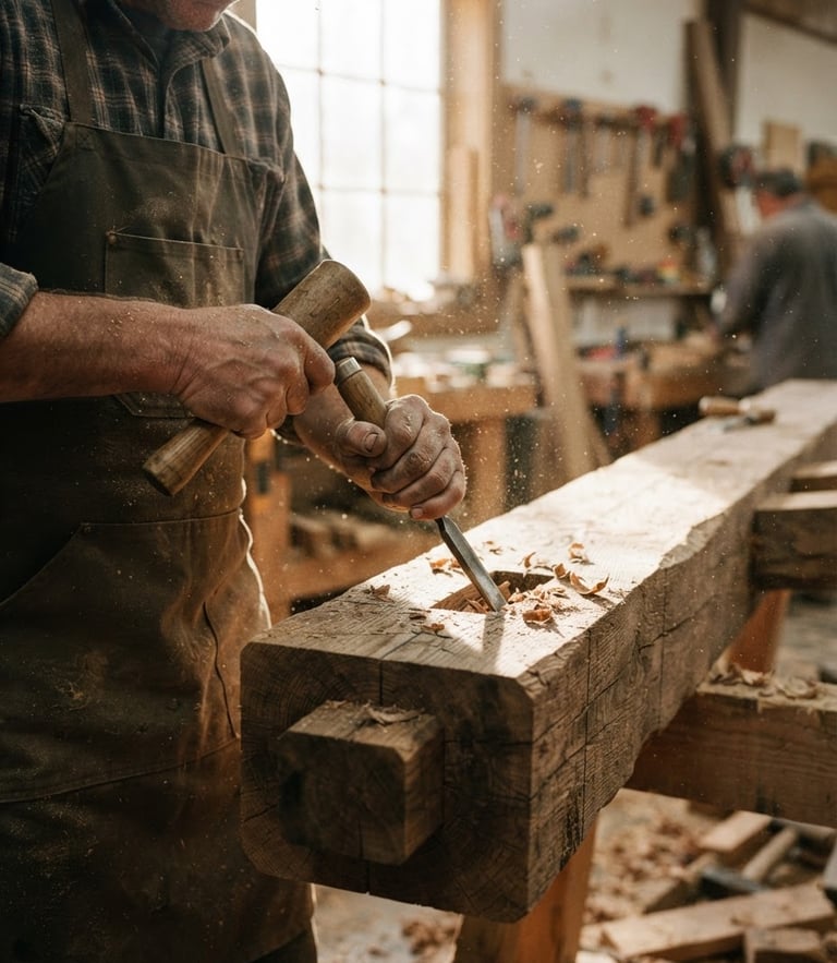 Close-up of a master carpenter's hands shaping a massive oak timber frame in a bright workshop, warm morning sun filtering through dust motes, sharp focus on wood grain, 35mm documentary photography.