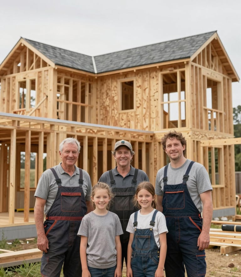 Medium shot of a small family team of carpenters in workwear standing proudly in front of a newly framed timber house, smiling naturally under soft overcast sky, authentic