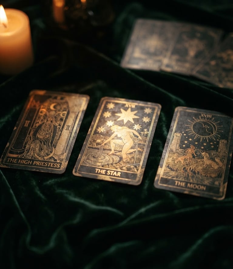 Macro photography of elegant tarot cards on a dark green velvet tablecloth, illuminated by warm candlelight, creating soft gold highlights and deep shadows.
