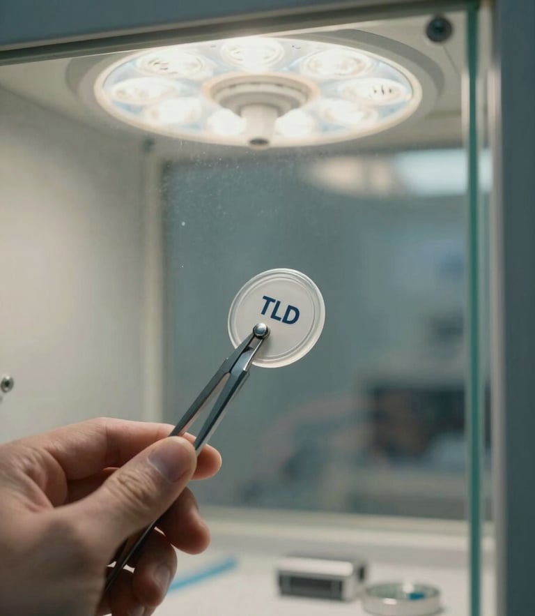 Close-up portrait of a physical TLD dosimeter badge being handled with steel forceps inside a glass decontamination hood, sterile clinical lighting.