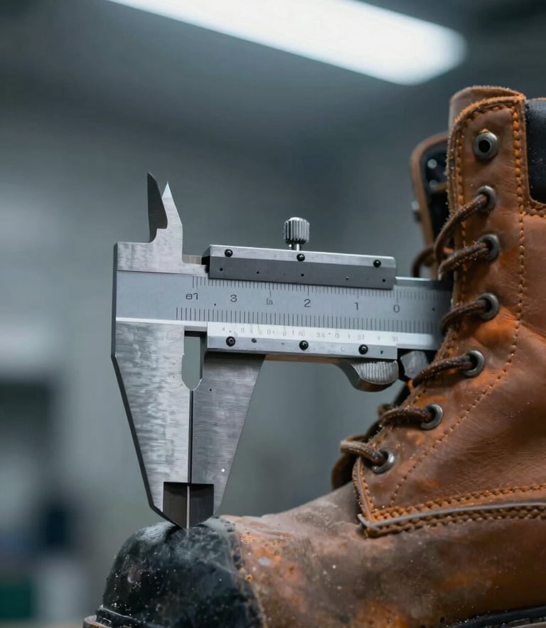 Macro close-up of high-precision steel calipers measuring the sole of a heavy work boot under cold fluorescent factory light, high contrast shadows.