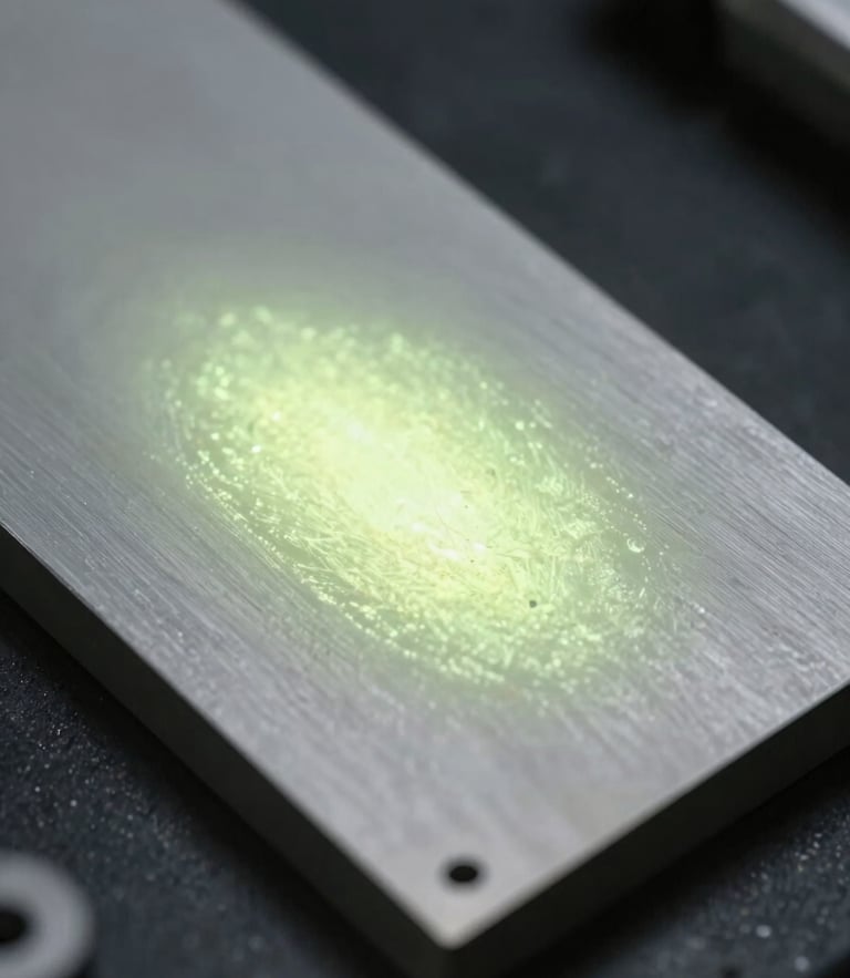Macro photograph of textured photoluminescent coating applied to a steel test plate, glowing with a soft yellow-green light in a darkened laboratory setting, technical and precise framing.