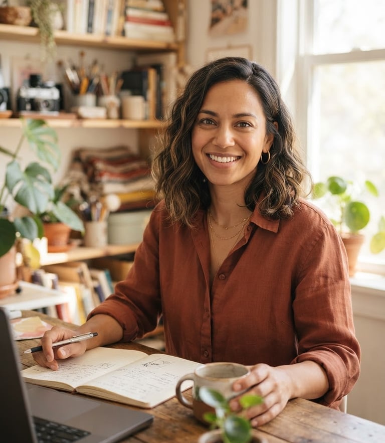 A close-up portrait of a local female entrepreneur in her sunlit workspace, looking confident, natural light, shallow depth of field, 35mm lens