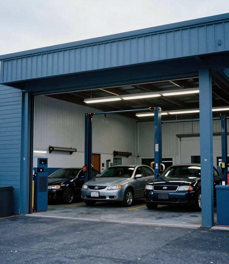 A clean, professional Boston auto repair bay with cool blue tones, natural overcast New England daylight, architectural framing, 35mm.