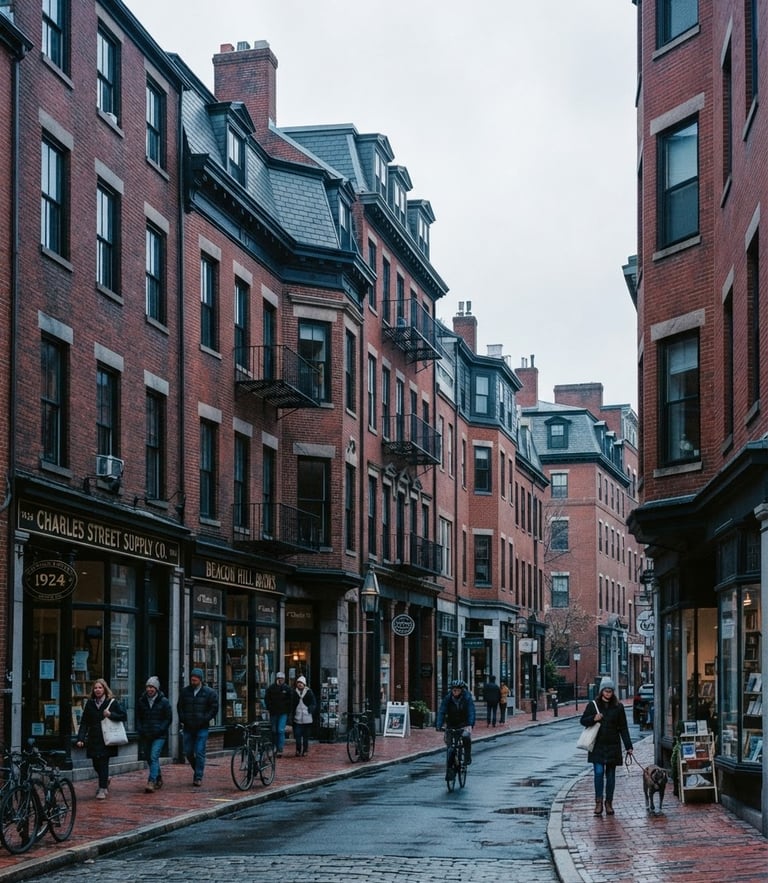 Crisp editorial photography of historic brick buildings on Charles Street Boston, overcast New England daylight, cool blue tones, 35mm