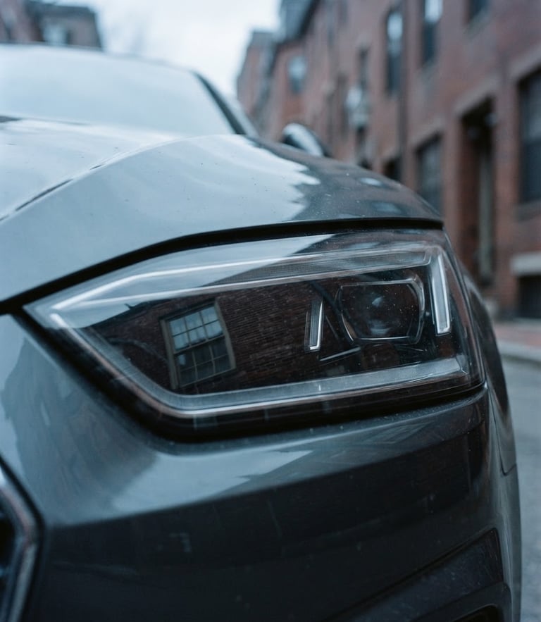 Crisp editorial photography of a modern vehicle headlight reflecting historic Boston brickwork, overcast New England daylight, cool blue and slate tones, 35mm.