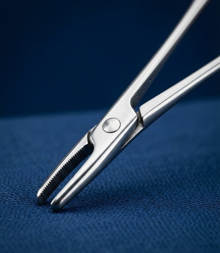 Macro close-up of surgical steel instruments reflecting bright studio light, clinical silver tones, sharp focus, shallow depth of field.