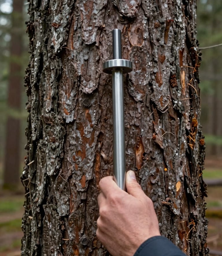 A close-up of a researcher's hand holding a metal increment borer against the bark of a mature Douglas fir, soft natural field lighting