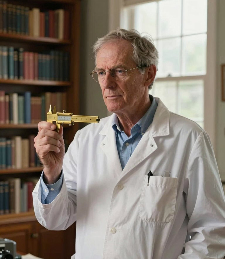 Environmental portrait of Dr. Robert Froese in a quiet home study, warm natural window light, floor-to-ceiling bookshelves in the background, holding a vintage brass caliper, thoughtful expression.