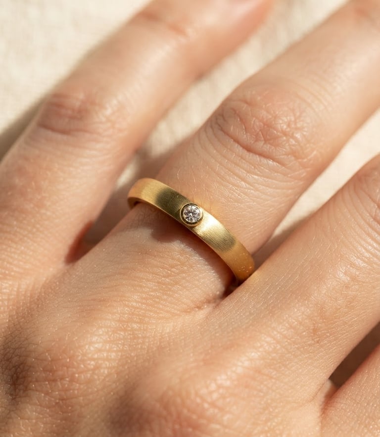 Extreme close-up of a tarnish-resistant gold ring on a hand, warm cream background, direct sunlight casting sharp elegant shadows, macro lens, 35mm