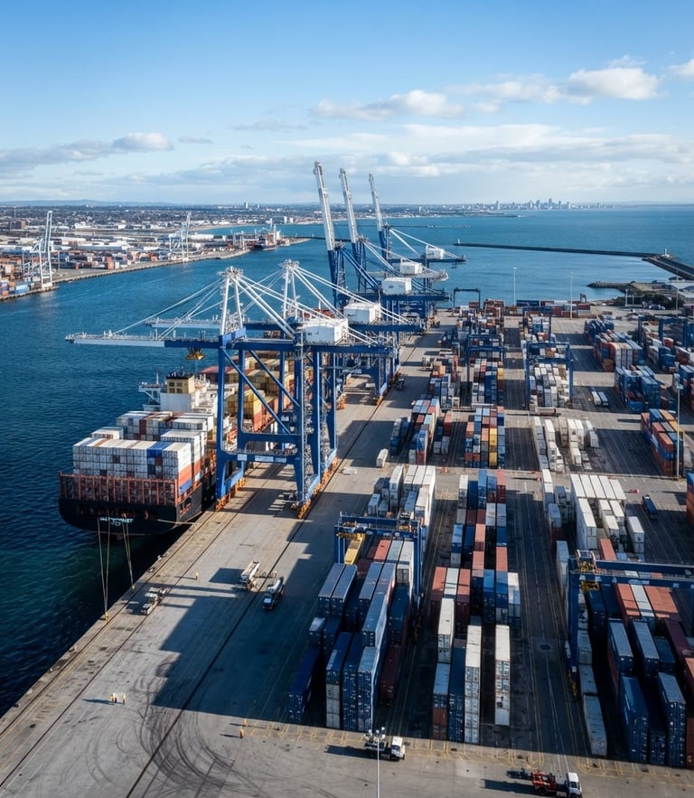 Wide environmental shot of a modern deep-water port terminal with container cranes, cool crisp daylight, high-contrast architectural shadows, deep blue and sharp white tones, wide-angle lens