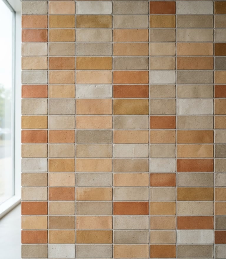 Straight-on architectural shot of stacked matte ceramic wall tiles in warm clay and neutral stone tones, clean showroom lighting, 35mm