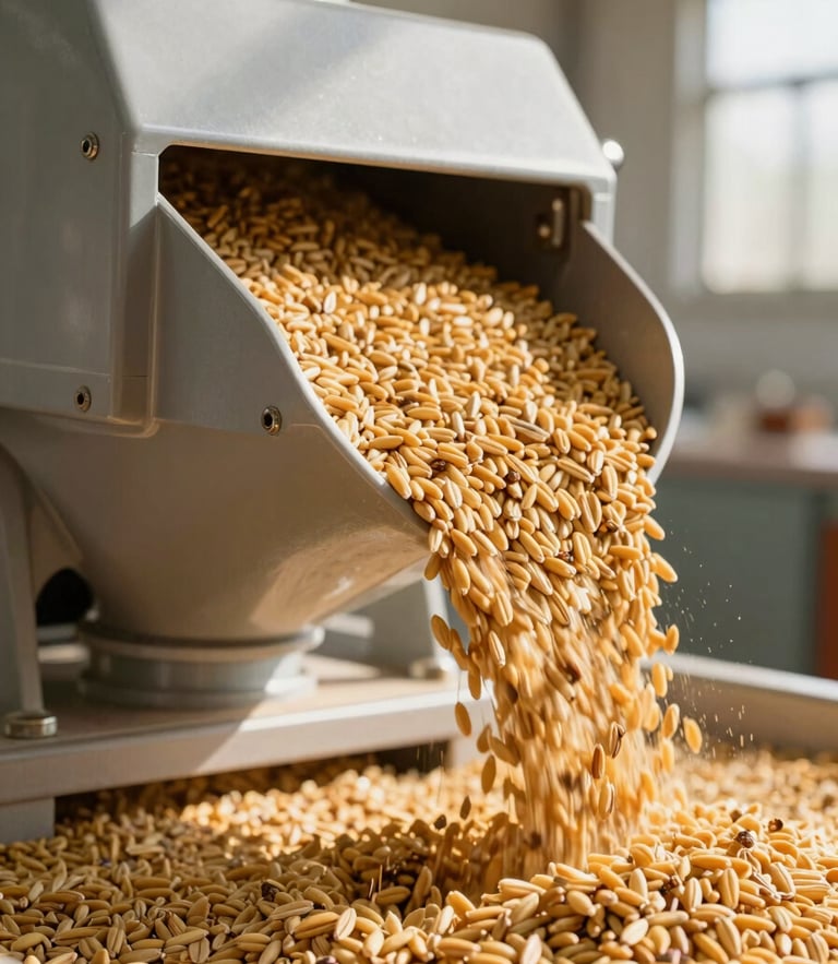 Macro photograph of clean, modern industrial flour milling machinery with golden grains flowing, bright natural daylight, warm industrial photography, 35mm