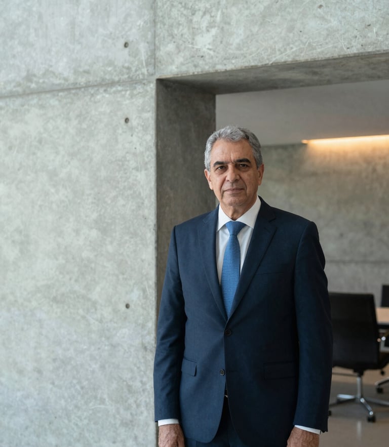 Professional portrait of Dr. Irineu Albernaz, a senior Brazilian lawyer, in a modern architectural office with concrete walls and subtle warm lighting, editorial corporate photography, 50mm lens