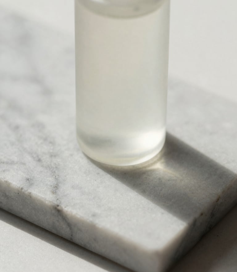Extreme close-up of a pristine glass skincare bottle on a raw marble slab, soft natural daylight, long shadows, minimalist editorial photography