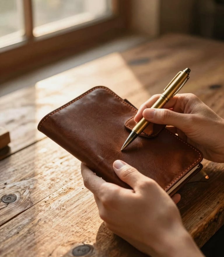 Warm editorial travel photography, close-up of hands holding a leather travel journal and brass pen on a rustic wooden table, soft golden hour light filtering through a window.