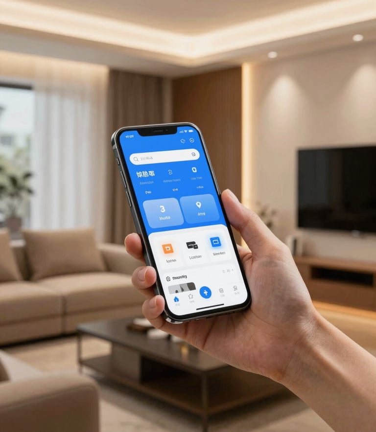 A modern Middle Eastern living room with warm ambient smart lighting, a hand holding a smartphone displaying a smart home app, clean minimalist decor, high-end photography
