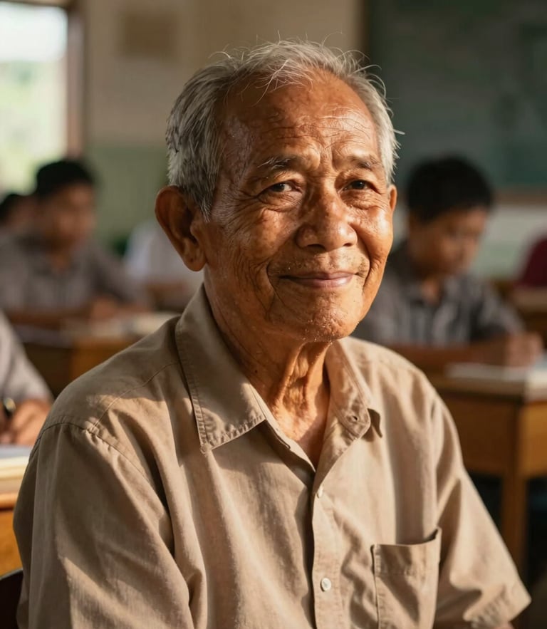 Warm portrait of an elderly Indonesian teacher smiling gently in a sunlit classroom, soft golden-hour light, shallow depth of field, respectful atmosphere.