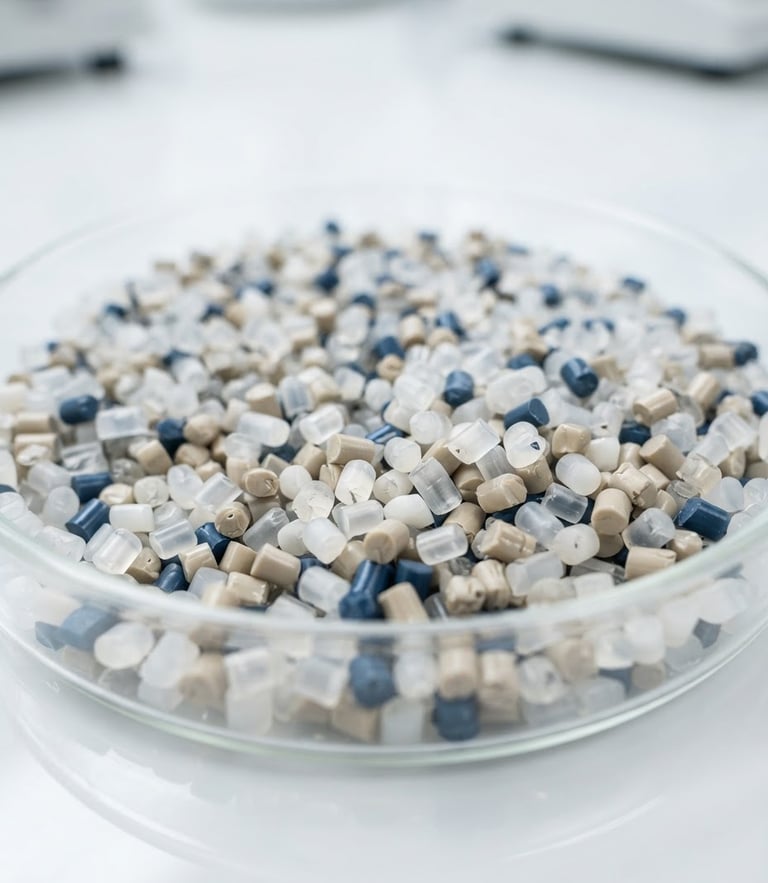 Macro close-up of high-tech polymer pellets in a sterile white petri dish, crisp industrial photography, bright high-key laboratory lighting, 35mm