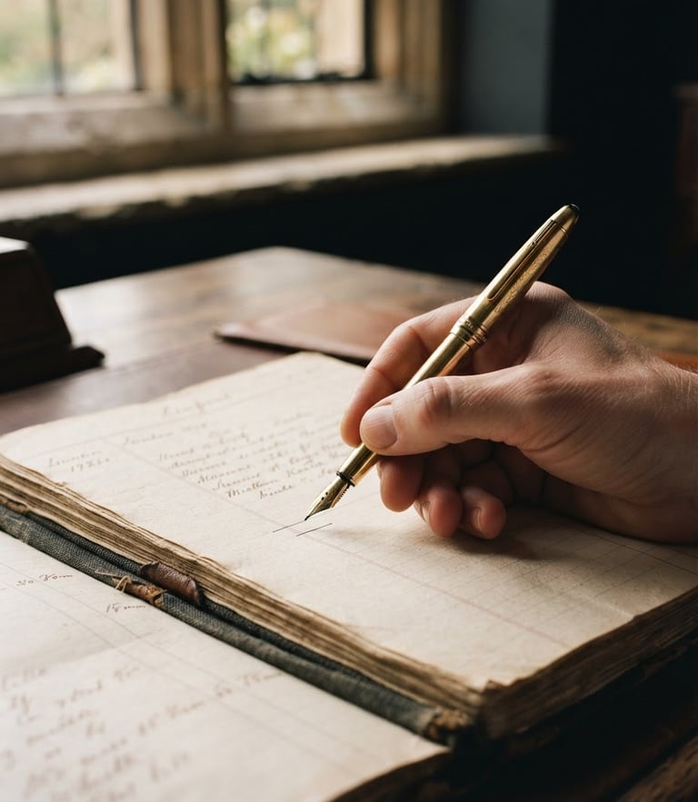 A close-up of a hand holding a gold fountain pen over a heavy linen ledger, soft natural window light casting deep shadows, warm charcoal tones, 35mm