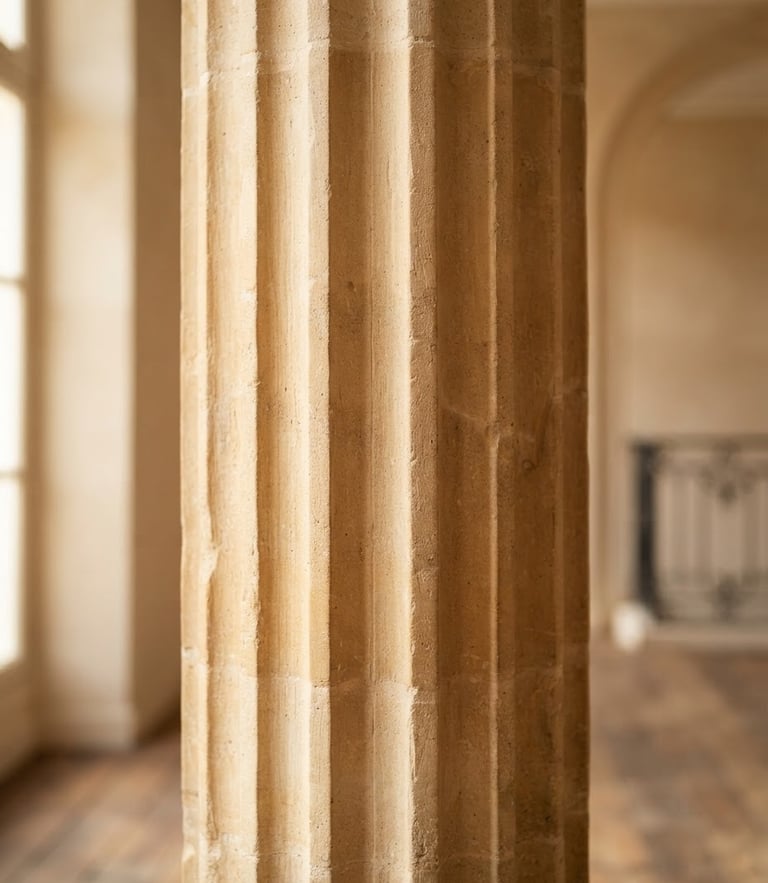 Elegant close-up of a limestone architectural column and soft sunlight casting shadows, warm neutral tones, sophisticated luxury, shallow depth of field
