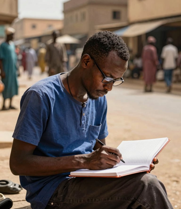Un journaliste sénégalais écrivant sur un carnet de notes dans les rues ensoleillées de la Médina à Dakar, lumière dorée du matin, style documentaire 35mm