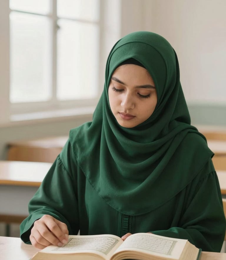 Serene Muslimah student in elegant dark green hijab studying an open Mushaf Quran under soft window light in a clean, modern Islamic classroom, 35mm photography