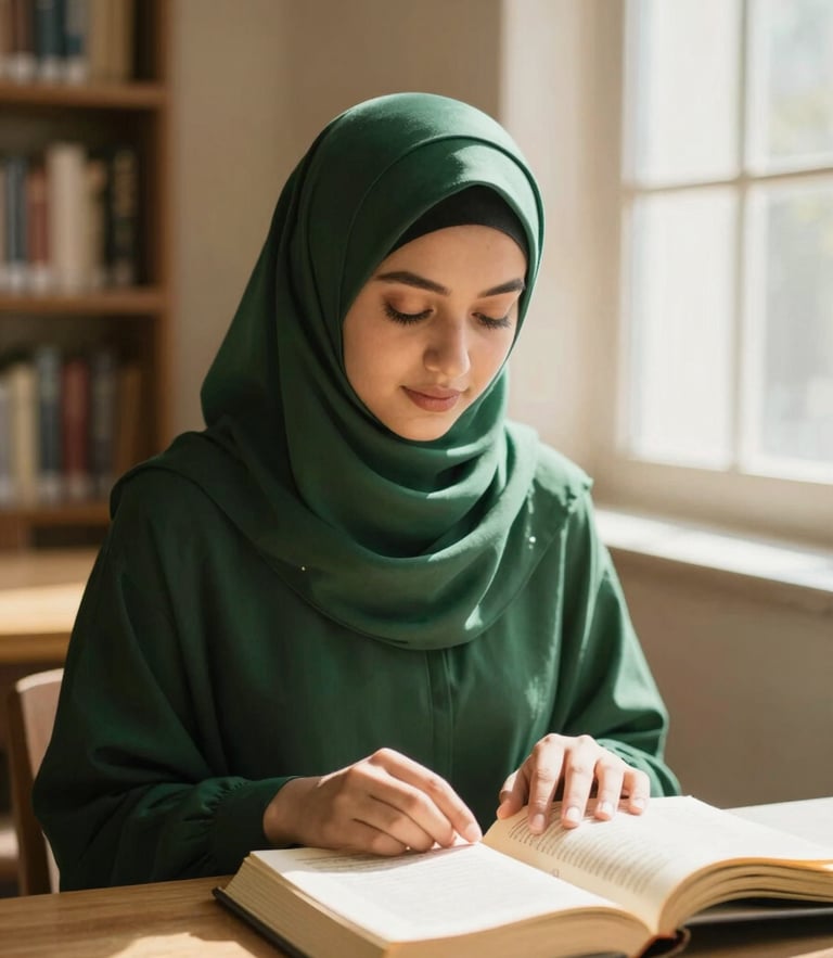 Serene Muslimah student in elegant dark green hijab, reading Quran in a softly sunlit library, warm golden hour light, 35mm photography
