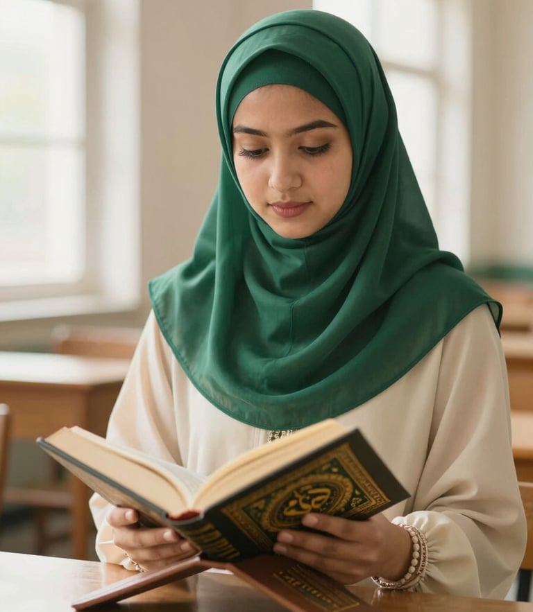Serene Muslimah student in elegant emerald hijab holding an open Mushaf Al-Qur'an inside a warm, naturally lit classroom with soft window light, 35mm photography