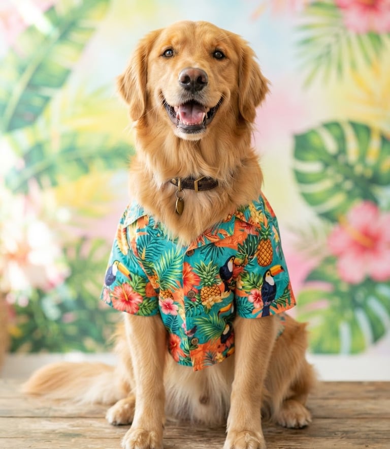 Perro labrador con collar y camisa veraniega de tucanes y piñas 