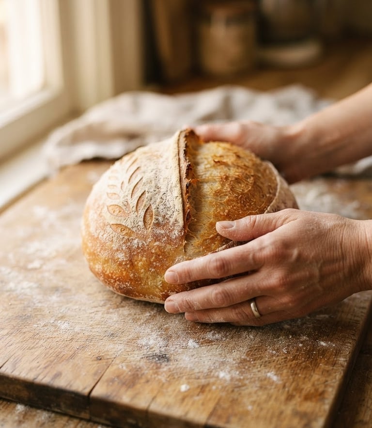 Close-up detail of hands holding a freshly baked, golden sourdough round on a flour-dusted worn wooden board, warm morning window light, shallow depth of field, 35mm film.