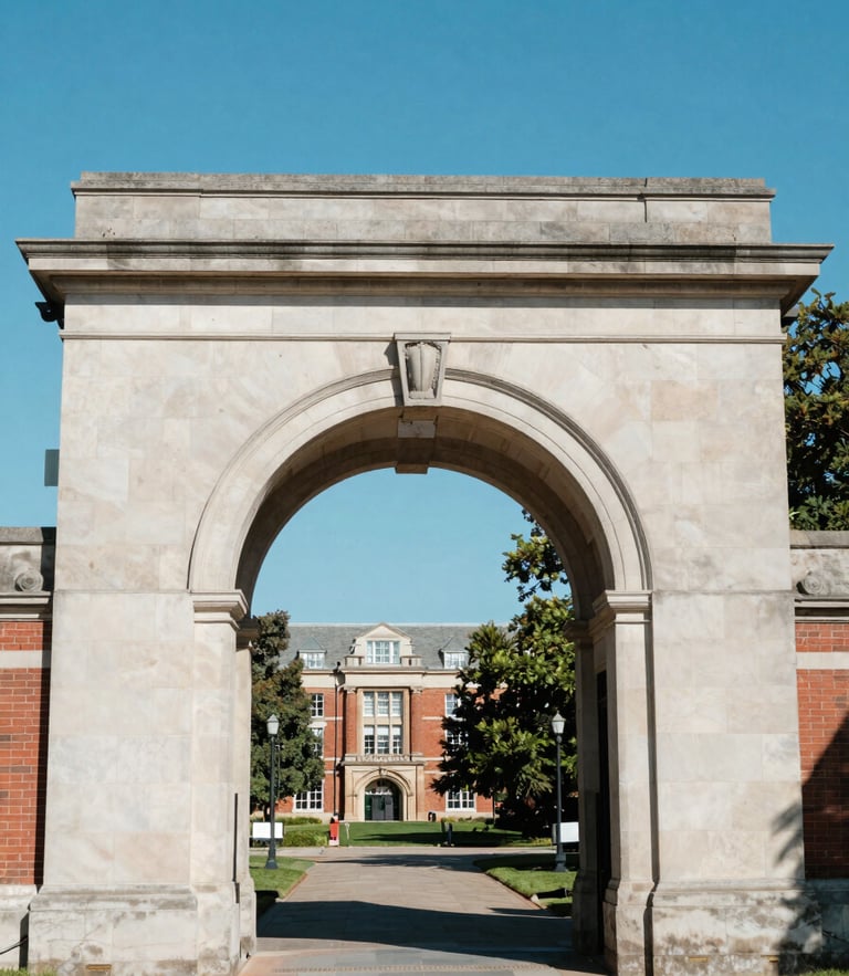 Bright natural daylight shot of a historic university campus archway with crisp blue sky, editorial style, 35mm lens