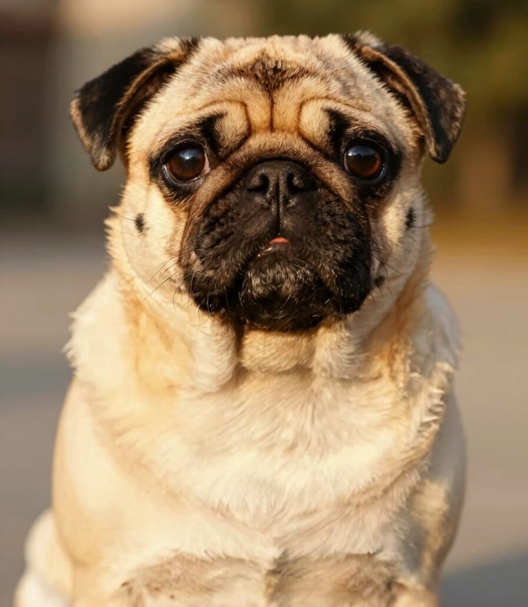 Close-up portrait of an adorable healthy pug looking directly at the camera with large expressive eyes, warm golden-hour daylight, soft background