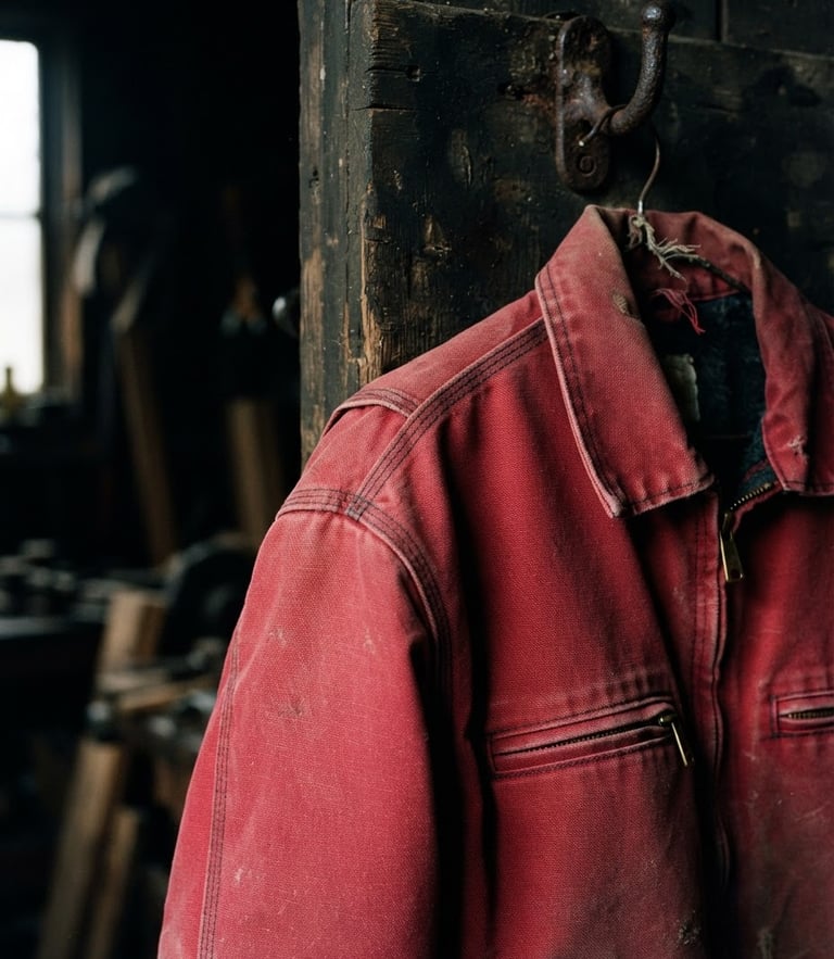 Moody close-up of a heavy crimson canvas work jacket hanging on a rusty iron hook in a dark workshop, side light casting deep shadows on the thick triple-stitched seams.