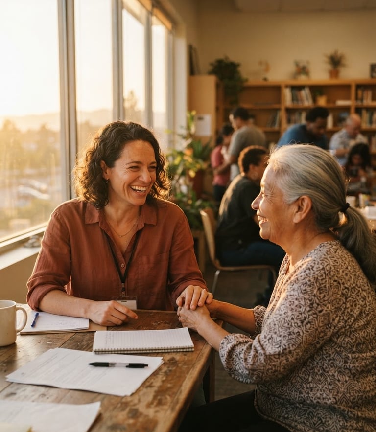 A warm environmental portrait of a community coordinator in Irvine, natural golden-hour sunlight streaming through a window, authentic smile, shallow depth of field, 35mm.
