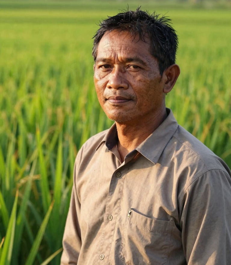 Close-up of a proud Indonesian farmer in a lush green rice field during early morning golden hour, sharp focus, 50mm