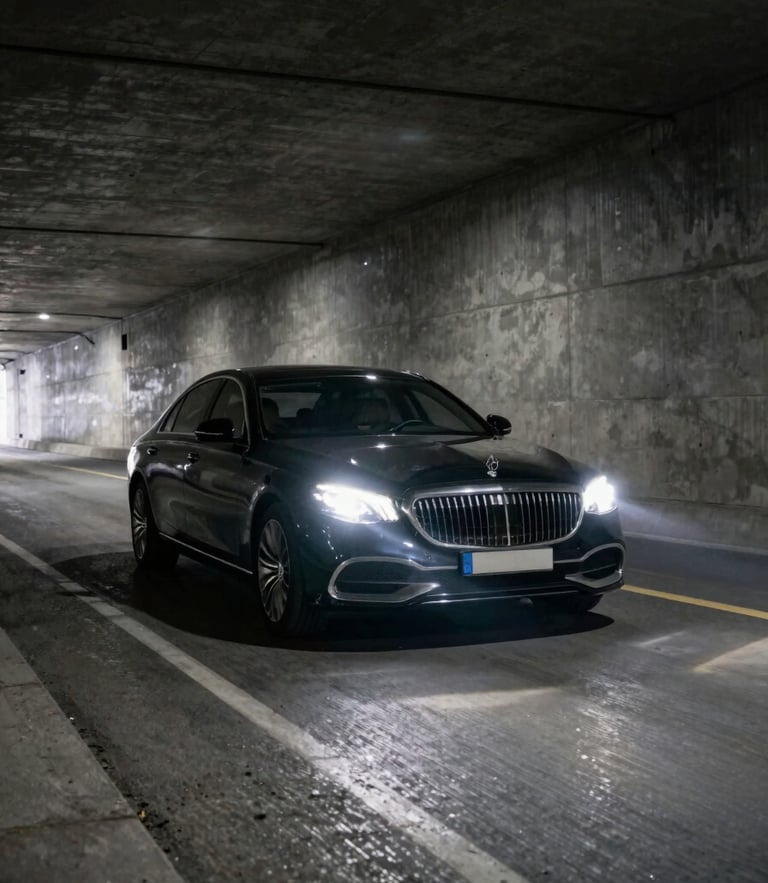 Low-angle wide shot of a luxury sedan driving through a dimly lit concrete tunnel, sharp headlight glare casting long shadows, desaturated industrial tones, telemetry overlay