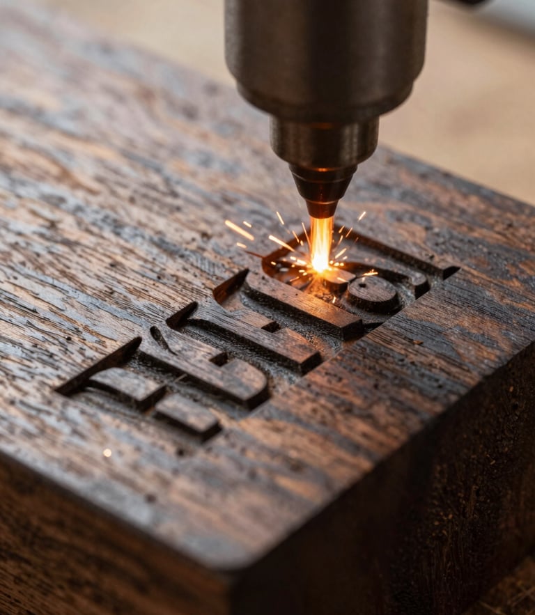 Macro close-up of a laser engraving machine beam carving fine typography onto a dark wooden block, natural workshop side-light, sparks, rich textures