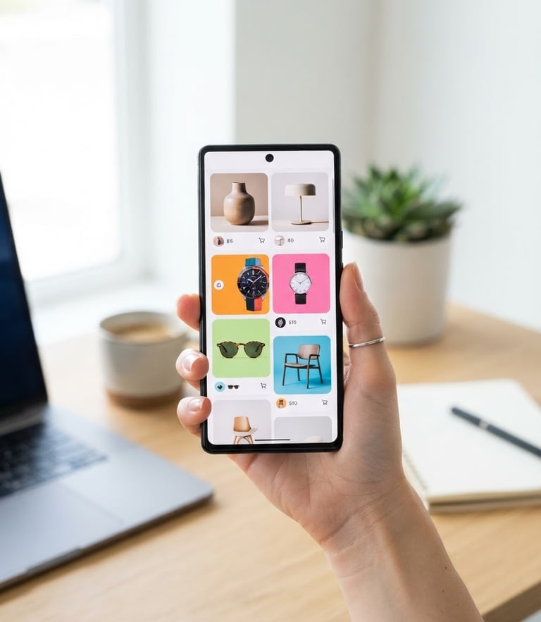 Clean tech photography of a hand holding a modern smartphone displaying a fast-loading digital catalog, bright crisp studio light, minimalist workspace background, 50mm