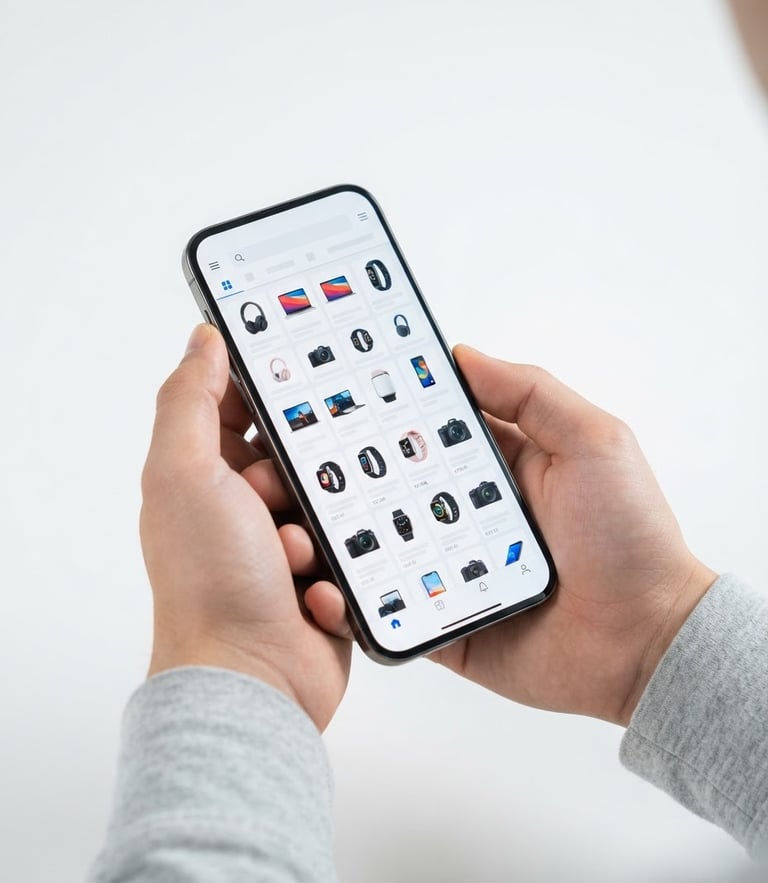 Clean tech mockup of a premium smartphone held in hand, displaying a fast-loading digital catalog with crisp typography, bright studio lighting, white background, 50mm