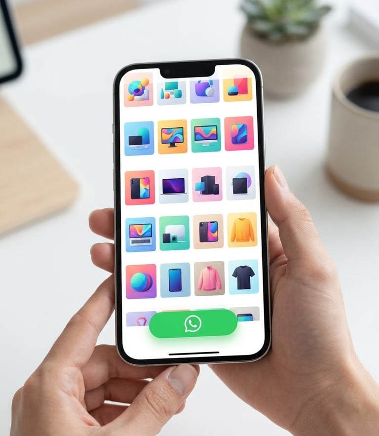 Clean mobile screen mockup showing a fast-loading digital catalog with a prominent WhatsApp button, bright studio lighting, 50mm