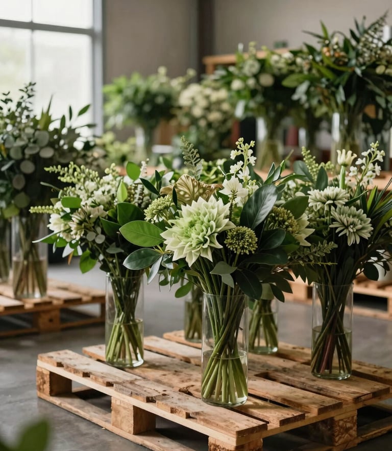Wide-angle editorial shot of organized wooden pallets loaded with premium green floral arrangements in a clean, modern warehouse, soft natural light, professional logistics