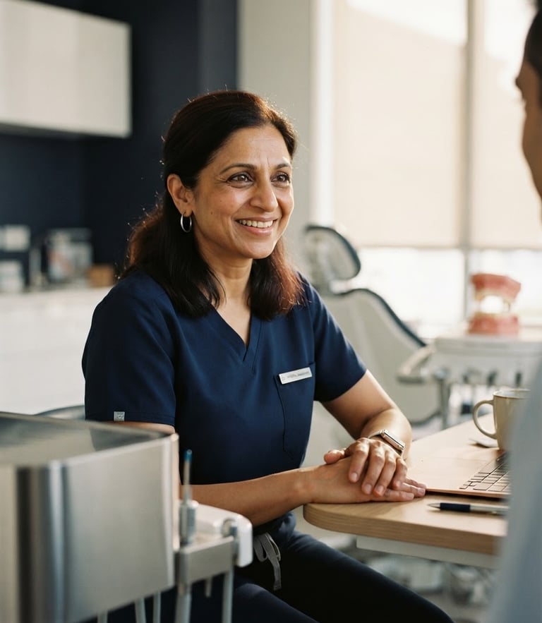 A close-up portrait of Dr. Shobha Nangrani in a softly lit, minimalist dental consultation room, warm natural window light, shallow depth of field, 35mm