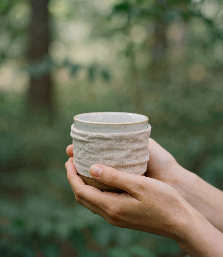 Soft diffused natural daylight filtering through forest leaves, a woman's hands holding a warm ceramic mug wrapped in soft linen, 35mm film style.