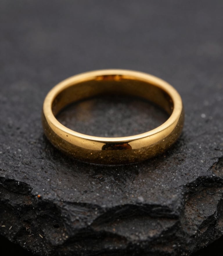 Macro close-up of a finished 22-karat gold ring resting on textured dark stone, dramatic side-lighting highlighting the gold grains