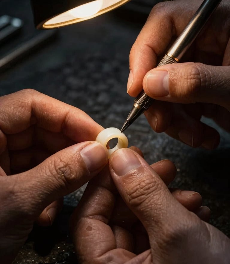 Macro close-up of a jeweler's hands meticulously carving a delicate wax ring mold, dramatic side-lighting, warm gold spotlights, dark textured stone background