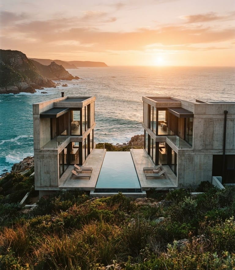 Symmetrical architectural perspective of a modern minimalist concrete villa overlooking the turquoise ocean in Knysna, warm golden-hour sunlight, 35mm film aesthetic.