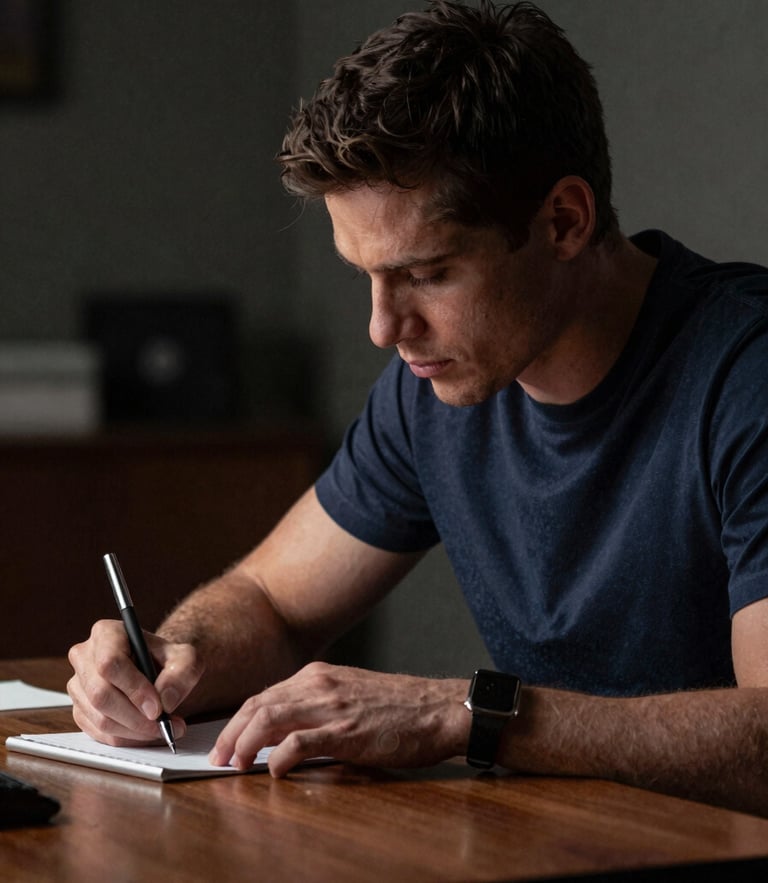 Cinematic medium shot of Pablo David Benítez writing at a dark wooden desk, single key light casting soft silver highlights, moody low-light background, shallow depth of field