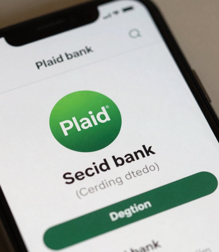 Tight macro shot of a mobile device screen displaying a secure Plaid bank connection interface, bright neutral daylight, crisp details.